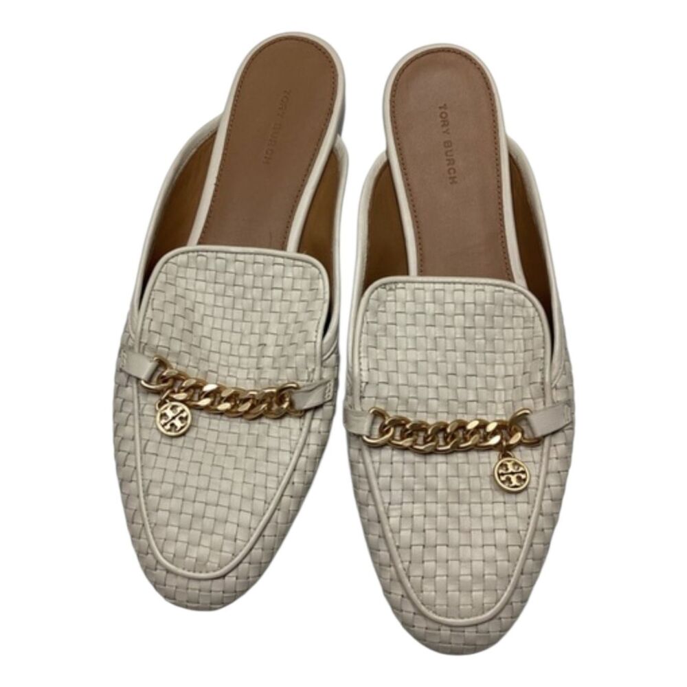 Tory Burch Benton Loafer Mule Slide Shoe Women 10.5 Cream Leather Gold Charm